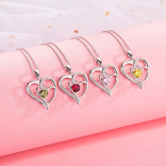 Birthstone Heart Necklace for Women 18K White Gold Silver Cubic Zirconia Gift - Picture 4 of 6